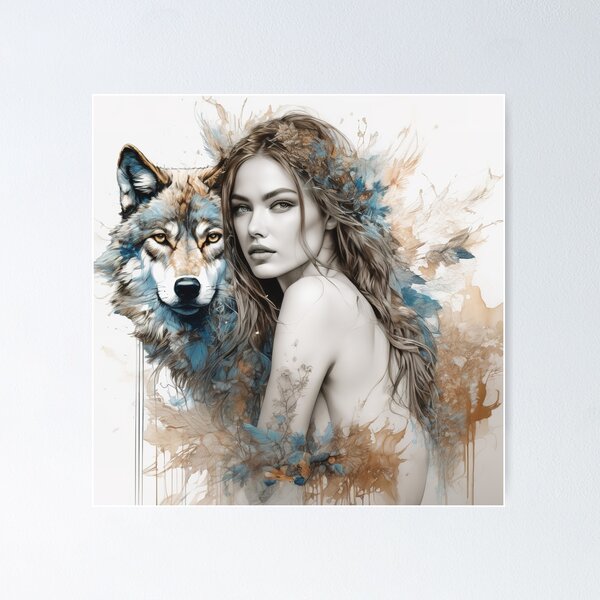 Item preview, Graceful Ink Portrayal of Woman and Wolf designed and sold by BeepBoopAIBoobs.