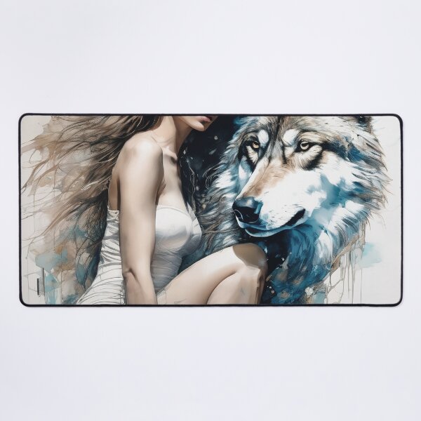 Item preview, Graceful Ink Portrayal of Woman and Wolf designed and sold by BeepBoopAIBoobs.