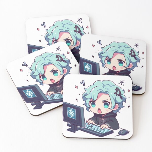 Artikelvorschau, Original-Wolkenkunst-Minizauberer mit hellblauen Haaren, der einen Computer auf sehr kawaii-überraschte Weise bedient entworfen und verkauft von ArteenlaNube.