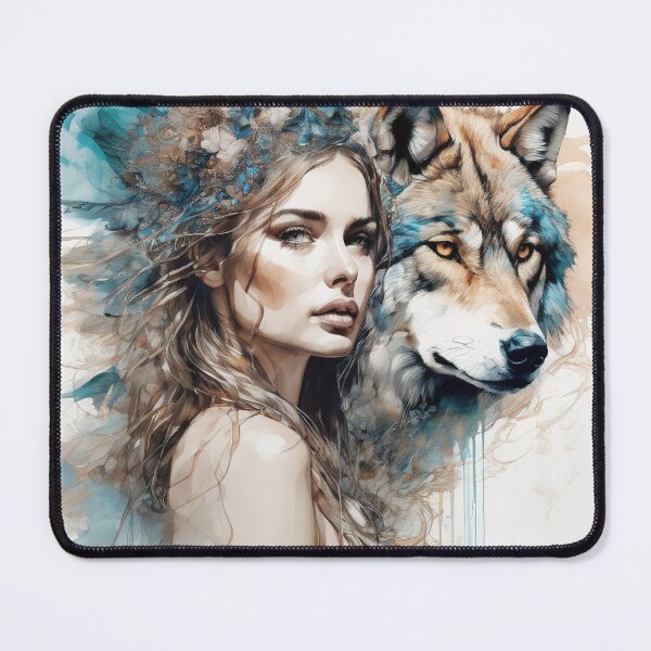 Item preview, Graceful Ink Portrayal of Woman and Wolf designed and sold by BeepBoopAIBoobs.
