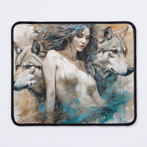 Item preview, Graceful Ink Portrayal of Woman and Wolf designed and sold by BeepBoopAIBoobs.