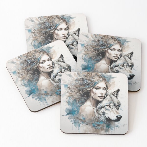 Item preview, Graceful Ink Portrayal of Woman and Wolf designed and sold by BeepBoopAIBoobs.