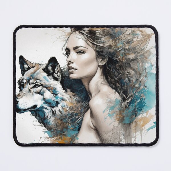 Item preview, Graceful Ink Portrayal of Woman and Wolf designed and sold by BeepBoopAIBoobs.