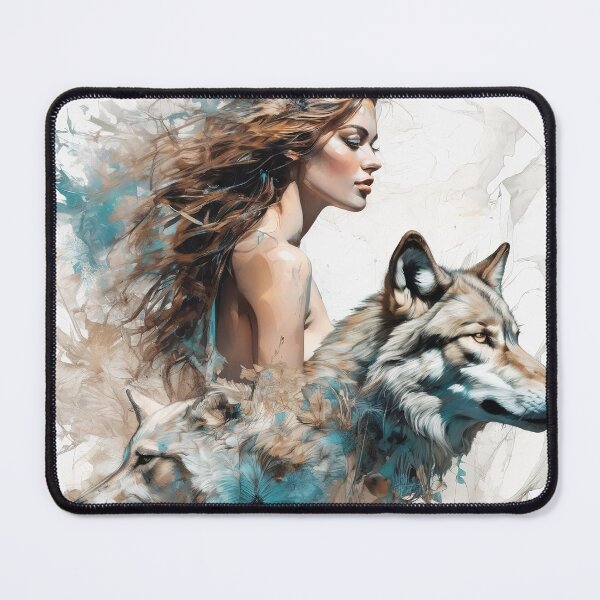 Item preview, Graceful Ink Portrayal of Woman and Wolf designed and sold by BeepBoopAIBoobs.