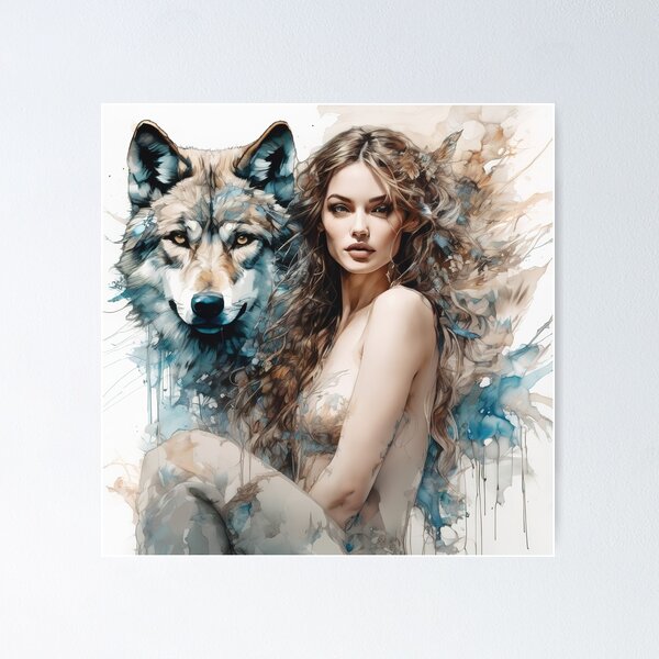 Item preview, Graceful Ink Portrayal of Woman and Wolf designed and sold by BeepBoopAIBoobs.