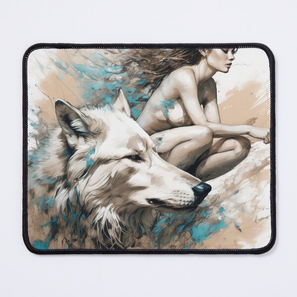 Item preview, Graceful Ink Portrayal of Woman and Wolf designed and sold by BeepBoopAIBoobs.