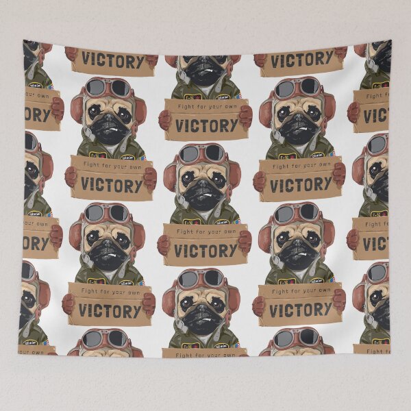 Item preview, pug dog aviator, cartoon dog pilot, pilot dog holding victory cardboard designed and sold by GreyStanzione1.