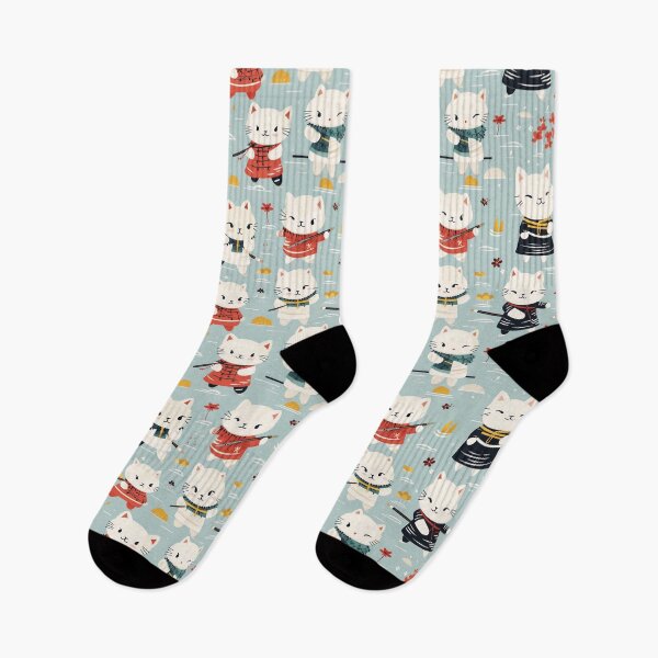 Item preview, Cute White Ninja Kitties Martial Arts Cartoon Cats Kids Fabric Playful Fun Whimsical Children's Red and Blue designed and sold by KimMarshall.