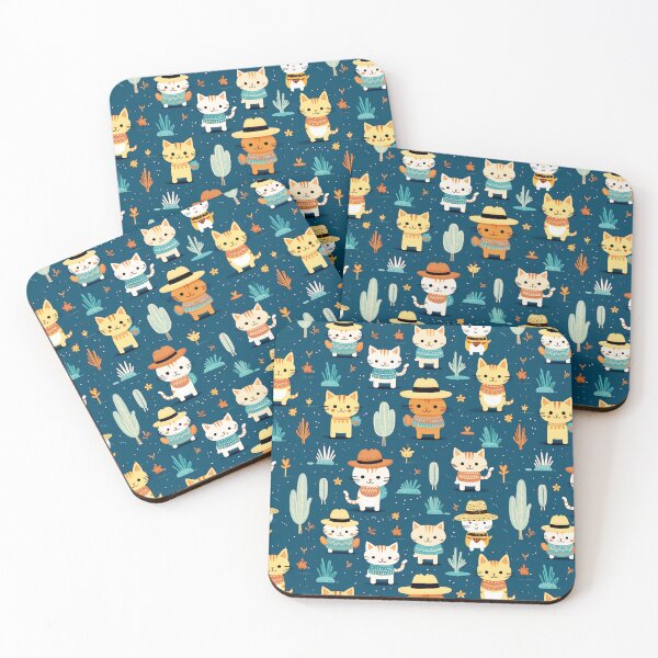 Artikelvorschau, Desperado Kitties Katze Western Outlaws Cartoon Niedliche Tiere Wüstenkaktus Cowboy Kinderdesign Blau Gelb Orange entworfen und verkauft von KimMarshall.