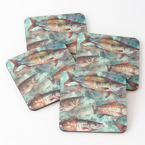 Item preview, Watercolor Lake Trout Fish Outdoor Fishing Angler, School of Fish, Lake House, Camping, Medium Aqua Blue designed and sold by KimMarshall.