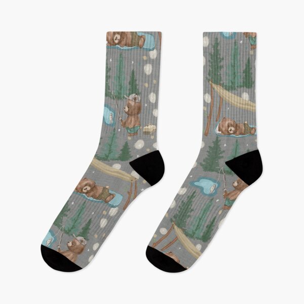 Item preview, Woodland Brown Bears Camping, Fishing,  Canoes,  in Pine Trees, Great Outdoor, on Distressed Woven on Gray designed and sold by KimMarshall.