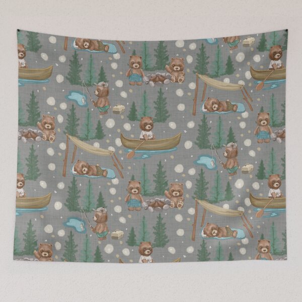 Item preview, Woodland Brown Bears Camping, Fishing,  Canoes,  in Pine Trees, Great Outdoor, on Distressed Woven on Gray designed and sold by KimMarshall.