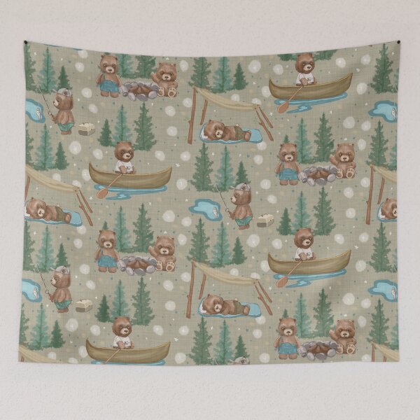 Item preview, Woodland Brown Bears Camping, Fishing,  Canoes,  in Pine Trees, Great Outdoor, on Distressed Woven on Khaki Tan designed and sold by KimMarshall.