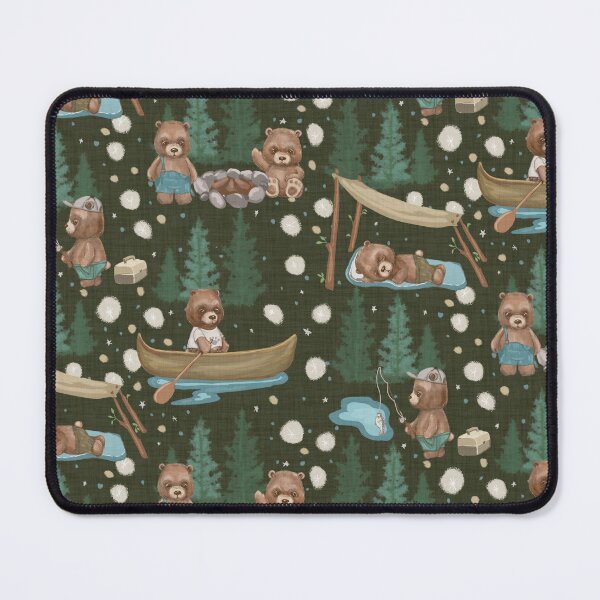 Item preview, Woodland Brown Bears Camping, pesca, canoas, en pinos, excelente exterior, sobre tejido desgastado en verde oscuro designed and sold by KimMarshall.