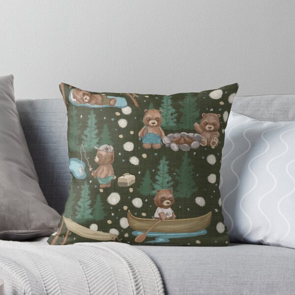 Item preview, Woodland Brown Bears Camping, Fishing,  Canoes, in Pine Trees, Great Outdoor, on Distressed Woven on Dark Green designed and sold by KimMarshall.