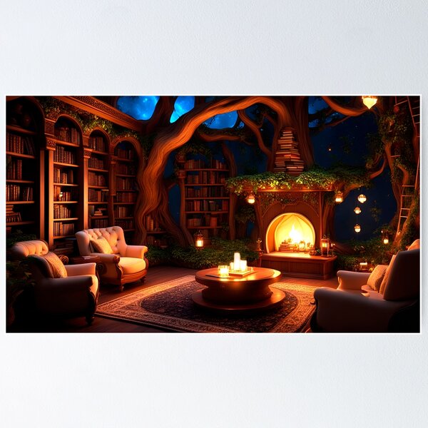 Item preview, The treehouse library - cozy ambience and fireplace  designed and sold by DreamlifeBackgrounds.