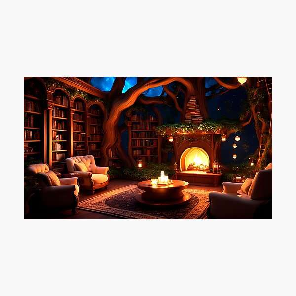 Item preview, The treehouse library - cozy ambience and fireplace  designed and sold by DreamlifeBackgrounds.