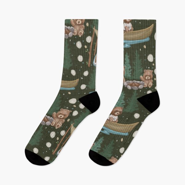 Item preview, Woodland Brown Bears Camping, Fishing,  Canoes, in Pine Trees, Great Outdoor, on Distressed Woven on Dark Green designed and sold by KimMarshall.