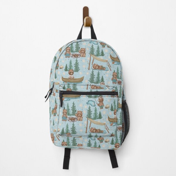 Item preview, Woodland Brown Bears Camping, Fishing,  Canoes, in Pine Trees, Great Outdoor, on Distressed Woven on Light Blue designed and sold by KimMarshall.