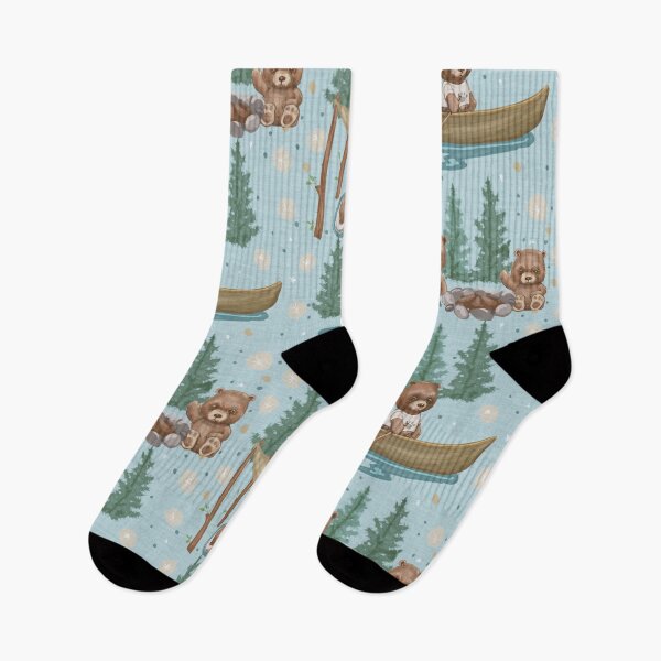 Item preview, Woodland Brown Bears Camping, Fishing,  Canoes, in Pine Trees, Great Outdoor, on Distressed Woven on Light Blue designed and sold by KimMarshall.