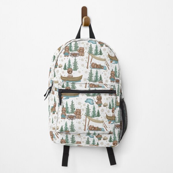 Item preview, Woodland Brown Bears Camping, Fishing,  Canoes, in Pine Trees, Great Outdoor, on Distressed Woven on White designed and sold by KimMarshall.