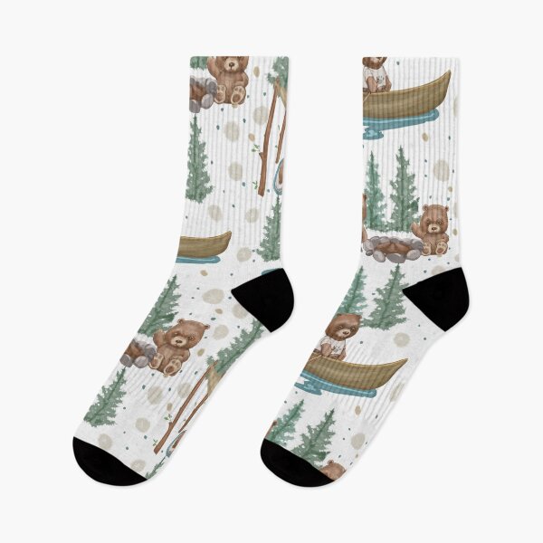 Item preview, Woodland Brown Bears Camping, Fishing,  Canoes, in Pine Trees, Great Outdoor, on Distressed Woven on White designed and sold by KimMarshall.