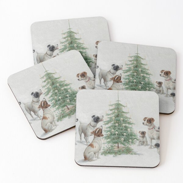 Item preview, Vintage Jack Russell Dogs Around a Christmas Tree Oil Painting | P413 designed and sold by Piccolo Fiore Prints.