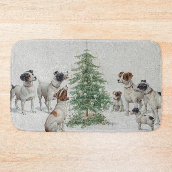 Vintage Jack Russell Dogs Around a Christmas Tree Oil Painting | P413 Bath Mat