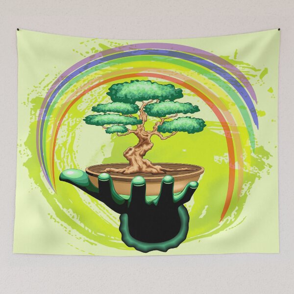 Item preview, Bonsai Tree and Rainbow on Green Hand - Protecting Nature  designed and sold by BluedarkArt.