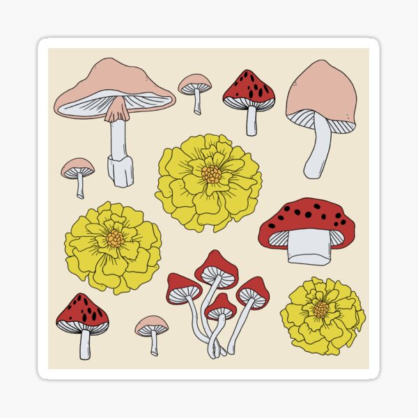 Mushrooms and Marigolds on a cream background Sticker