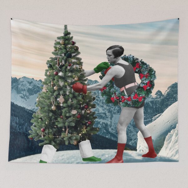 Item preview, Holiday Knockout: Surreal Collage Art Print of a Boxing Christmas Tree and a Female Boxer "Deck Those Halls" designed and sold by GollyWillikers.