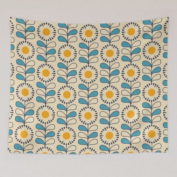 Item preview, KF 0161 B - Vintage Retro 70s Floral Pattern in Blue and Yellow designed and sold by KhakiFinch.