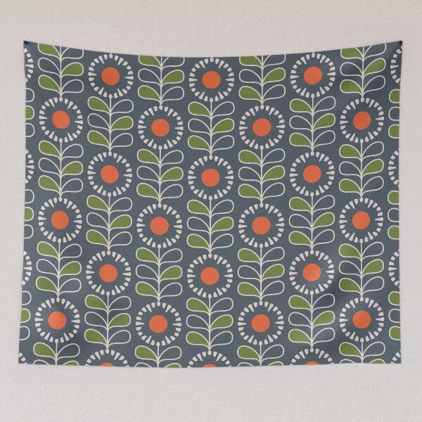 Item preview, KF 0161 C - Vintage Retro 70s Floral Pattern in Green and Red on Blue designed and sold by KhakiFinch.