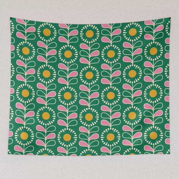 Item preview, KF 0161 E - Vintage Retro 70s Floral Pattern in Purple and Yellow on Green designed and sold by KhakiFinch.