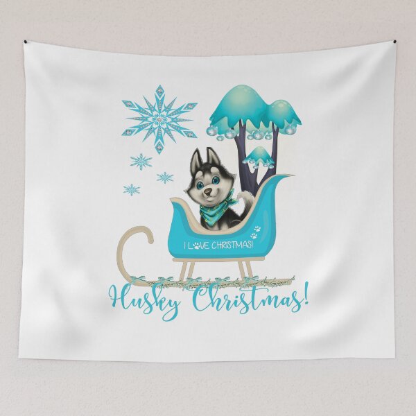 Item preview, Husky Christmas - Blue Scene with Husky Puppy In Sleigh designed and sold by Jecolds.
