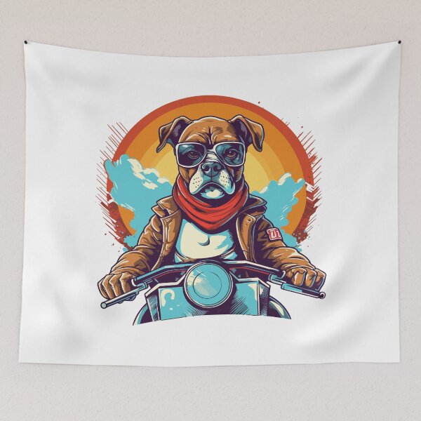 Item preview, a boxer dog dressed as a biker is riding a motorcycle designed and sold by ruvida.