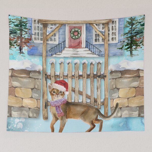 Item preview, Watercolour Abyssinian Cat with Santa Hat and Scarf Christmas designed and sold by HugsAndPrints.