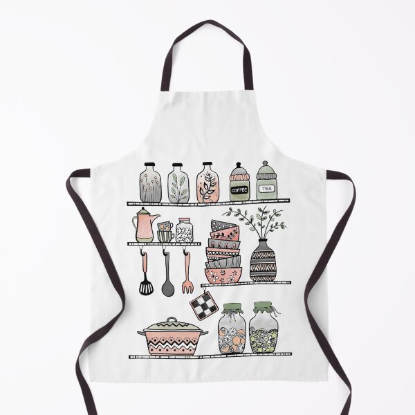 Coral pink boho kitchen shelf drawing, maximal minimalism Apron