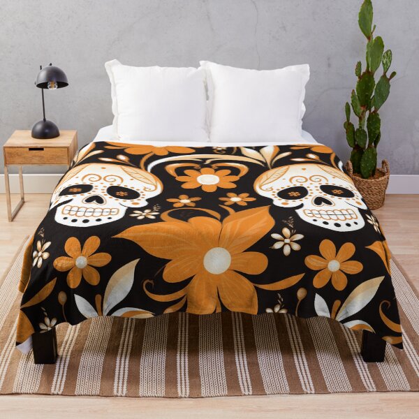 Item preview, Skulls and orange flowers on a dark brown background designed and sold by FlyingRaven1.
