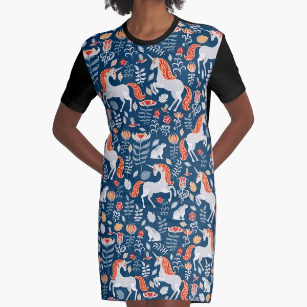 Unicorns, rabbits, birds, flowers. decorative seamless pattern. Folk art. Graphic T-Shirt Dress