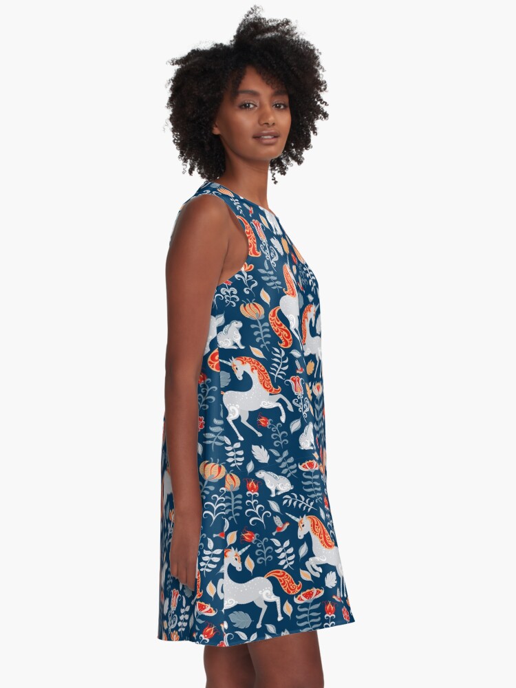 Alternate view of Unicorns, rabbits, birds, flowers. decorative seamless pattern. Folk art. A-Line Dress