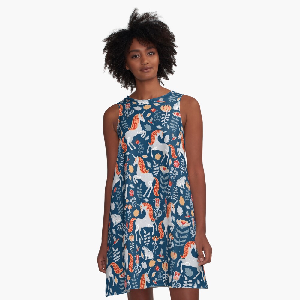 Unicorns, rabbits, birds, flowers. decorative seamless pattern. Folk art. A-Line Dress