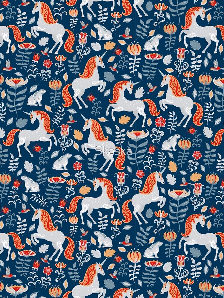 Unicorns, rabbits, birds, flowers. decorative seamless pattern. Folk art. by Skaska