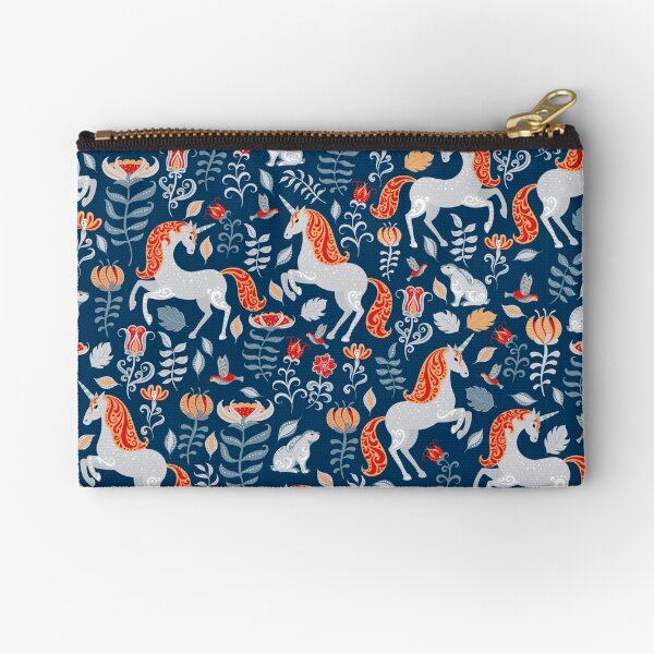 Unicorns, rabbits, birds, flowers. decorative seamless pattern. Folk art. Zipper Pouch