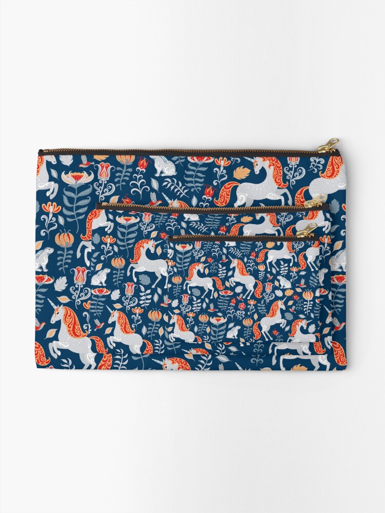 Alternate view of Unicorns, rabbits, birds, flowers. decorative seamless pattern. Folk art. Zipper Pouch