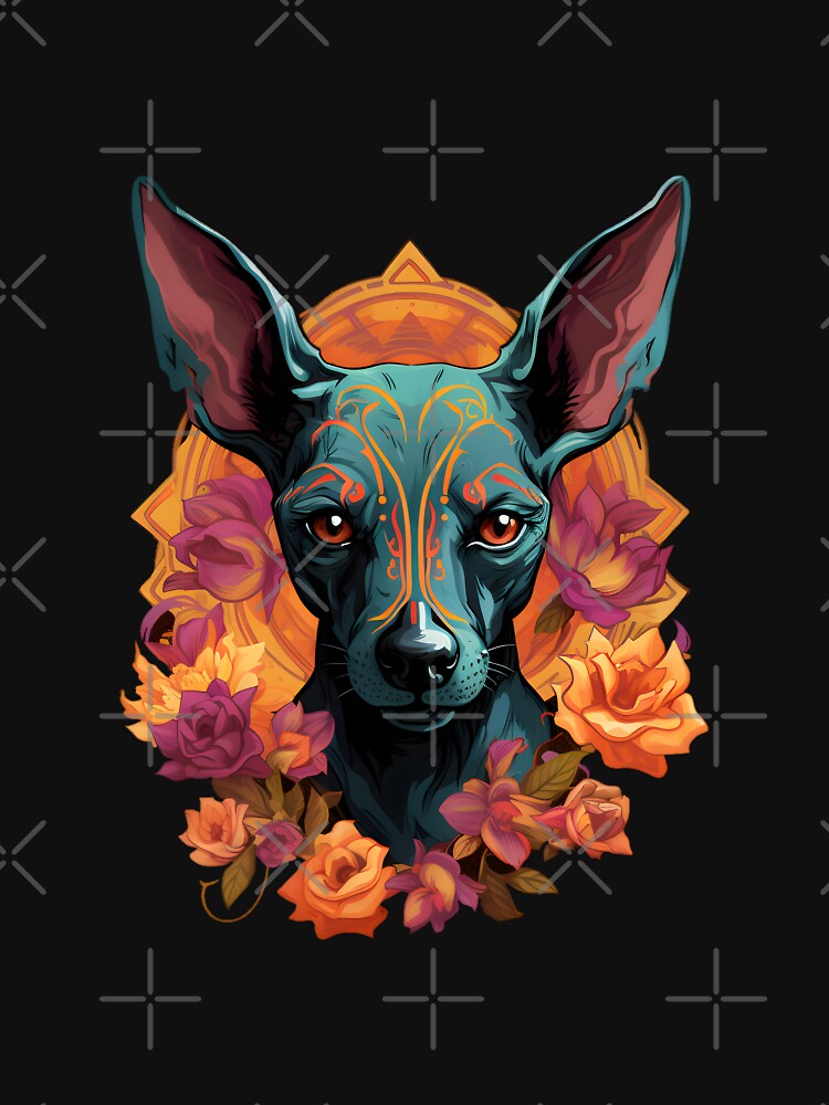 Imagen 7 de 7, Camiseta clásica con la obra Xoloitzcuintli con azules fríos y rojos intensos, diseñada y vendida por InkedBeasts.