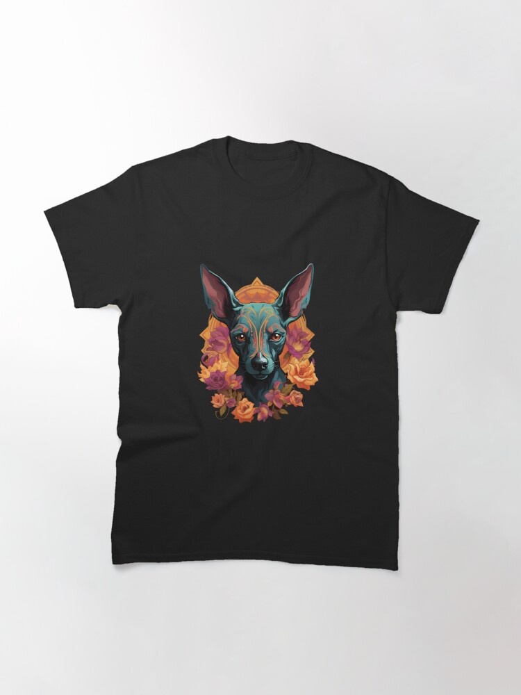 Imagen 3 de 7, Camiseta clásica con la obra Xoloitzcuintli con azules fríos y rojos intensos, diseñada y vendida por InkedBeasts.