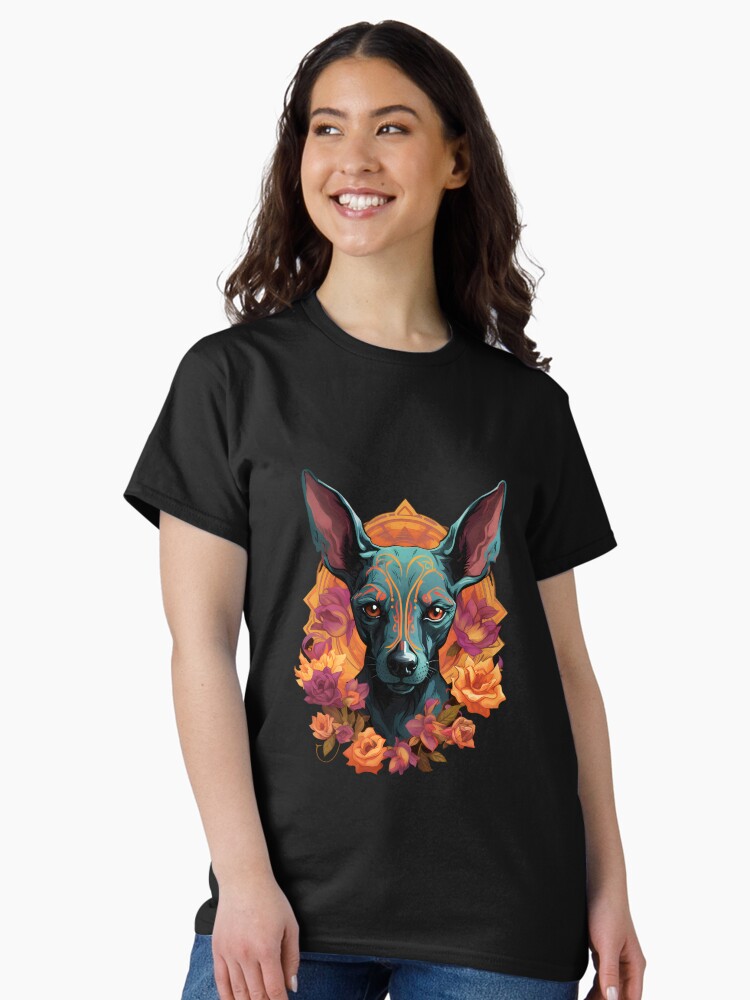 Imagen 1 de 7, Camiseta clásica con la obra Xoloitzcuintli con azules fríos y rojos intensos, diseñada y vendida por InkedBeasts.