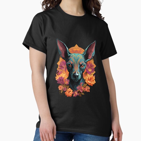 Vista previa del artículo con la obra «Xoloitzcuintli con azules fríos y rojos intensos», diseñado y vendido por InkedBeasts.