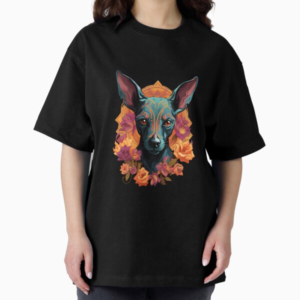 Vista previa del artículo con la obra «Xoloitzcuintli con azules fríos y rojos intensos», diseñado y vendido por InkedBeasts.